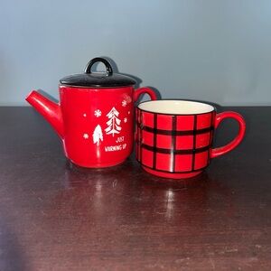 Demdaco Tea Set For One Microwave Ceramic Tea Coffee Pot & Tea Cup Red Plaid